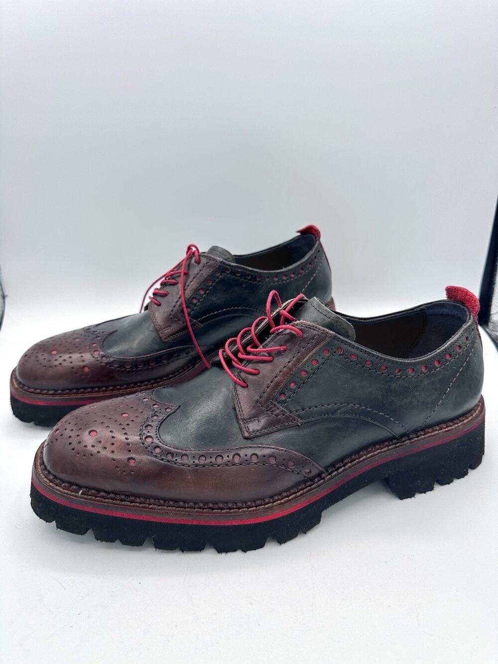 Lorenzi Men’s Shoes Brogue Wingtip Derby Lug Shoes - Brown Red ITALY IT 45 US 12
